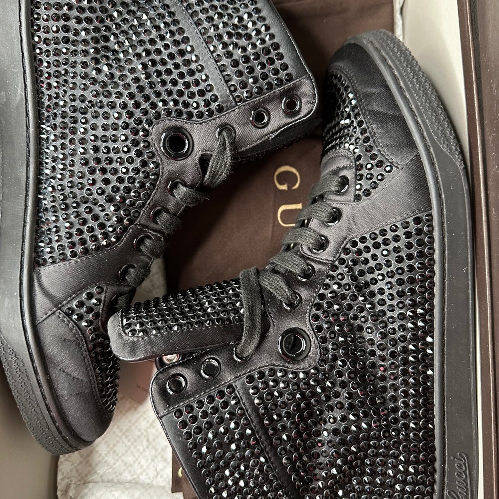 GUCCI - Satin and Rhinestone Embellished High Top Sneakers SIZE 6.5